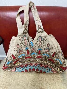 Moyna Beige Red Blue Beaded Embellished Tote Bag Boho Statement Handbag